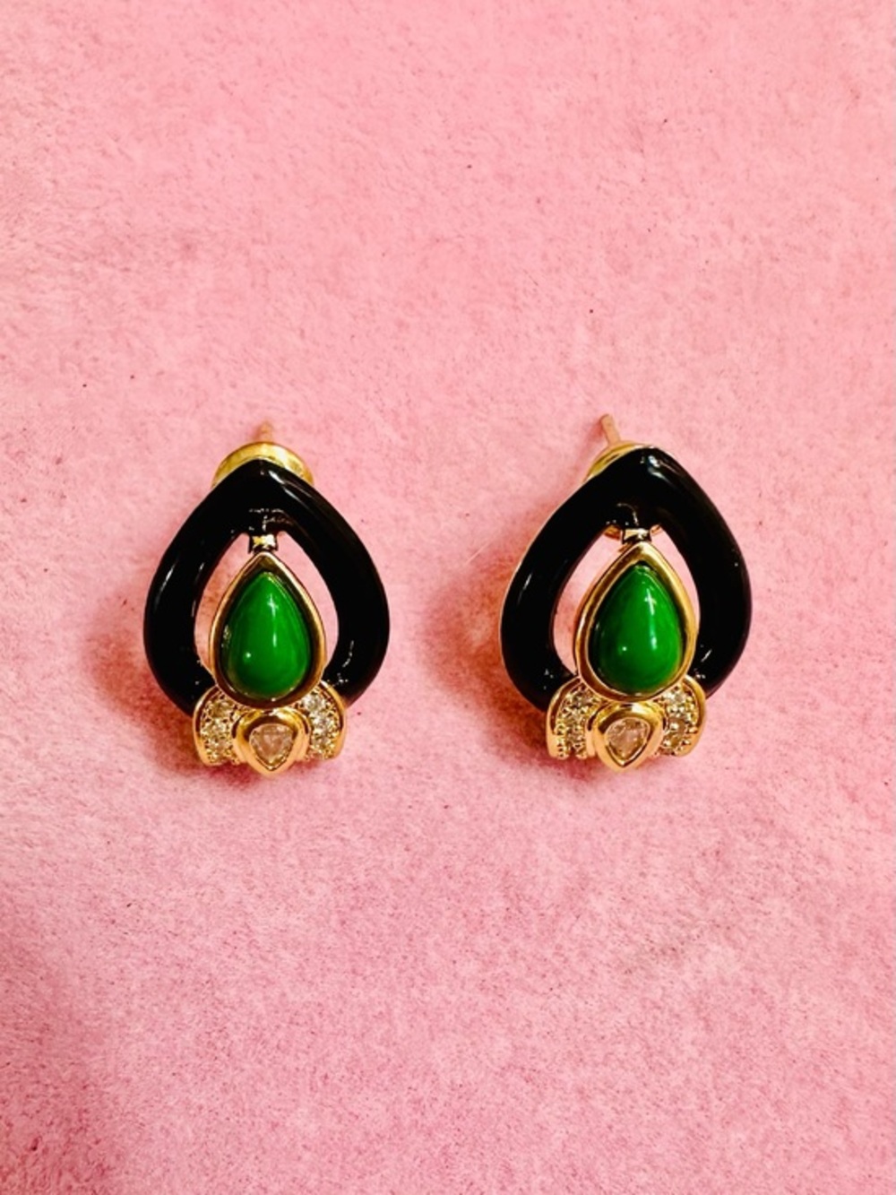Black & Emerald Green Teardrop Statement Stud Earrings